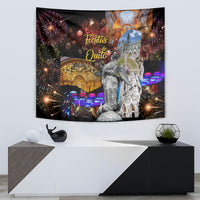 Black tapestry with fireworks, colorful city lights, and stone statue in front