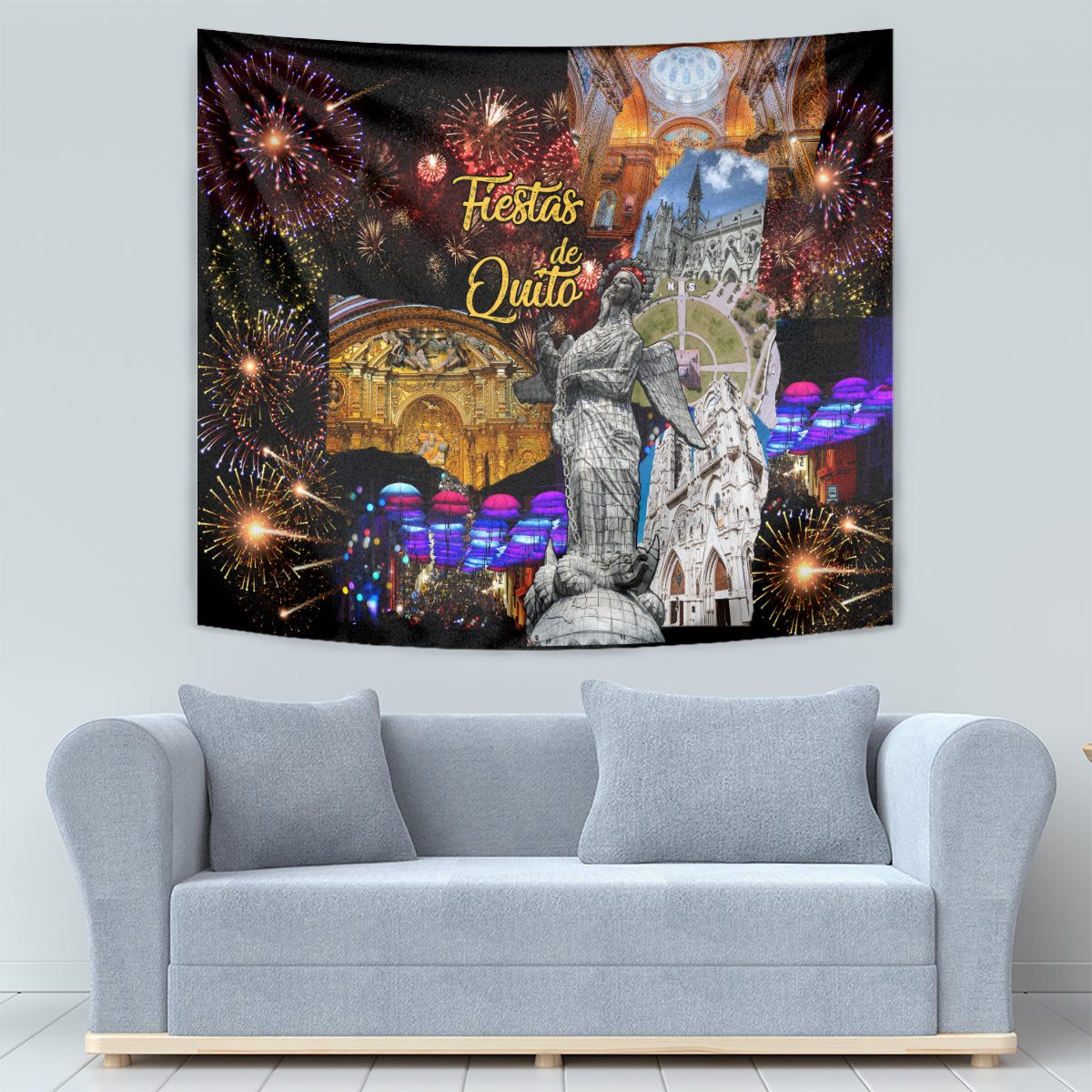Black Fiesta de Quito tapestry with fireworks and cathedral facade artwork