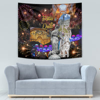 Black Fiesta de Quito tapestry with fireworks and cathedral facade artwork