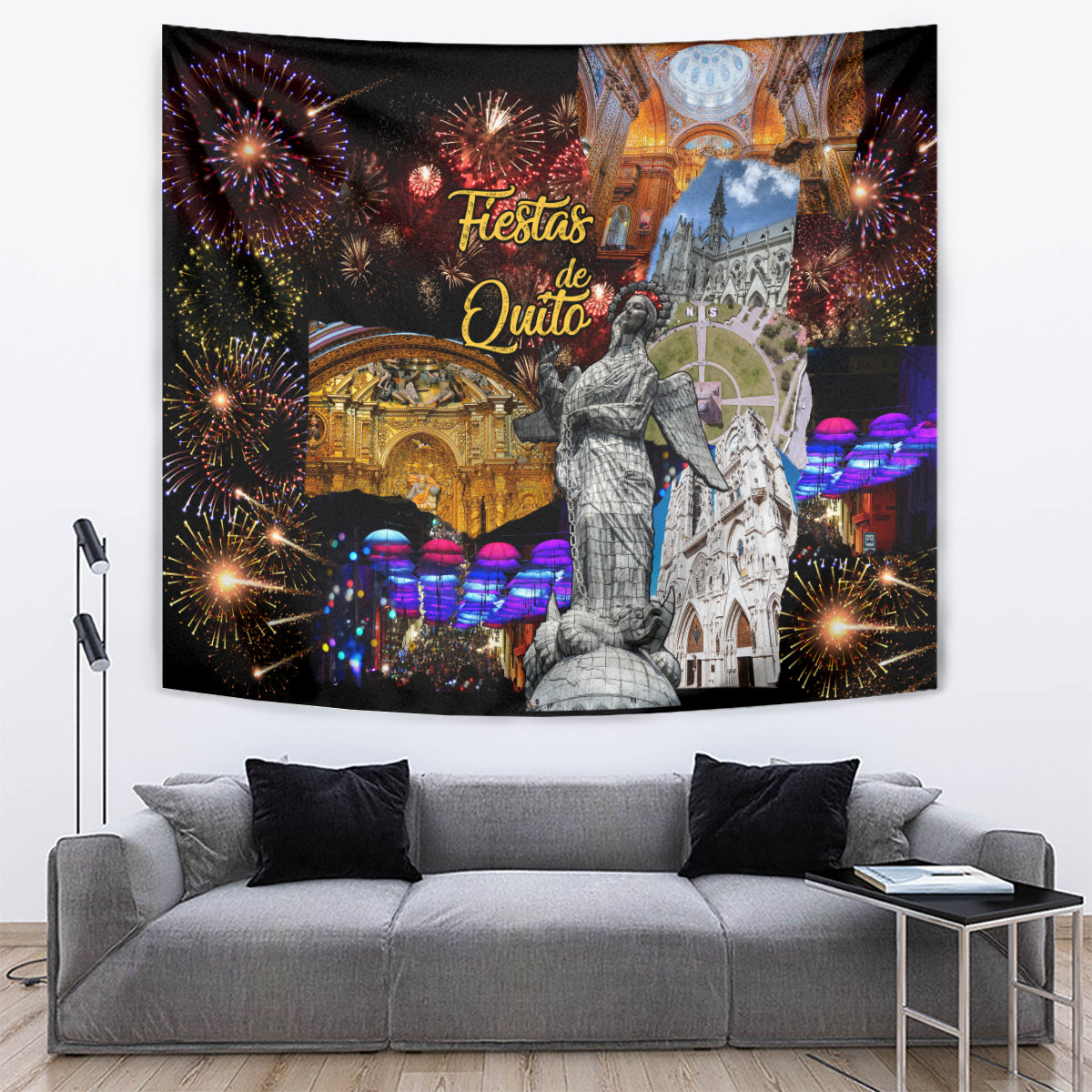 Black tapestry with fireworks border, stone statue, and illuminated cathedral