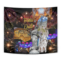 Black rectangular tapestry featuring 'Fiestas de Quito' text, fireworks, and cathedral