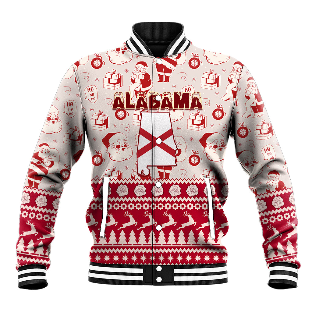Red-and-white varsity baseball jacket with Santa and Alabama graphic, striped collar