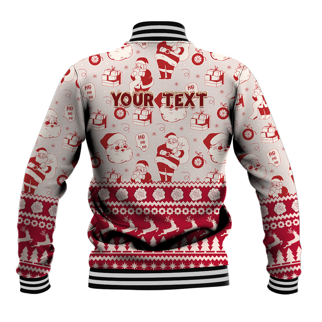 Red-and-white varsity baseball jacket with Santa icons and "YOUR TEXT" on back