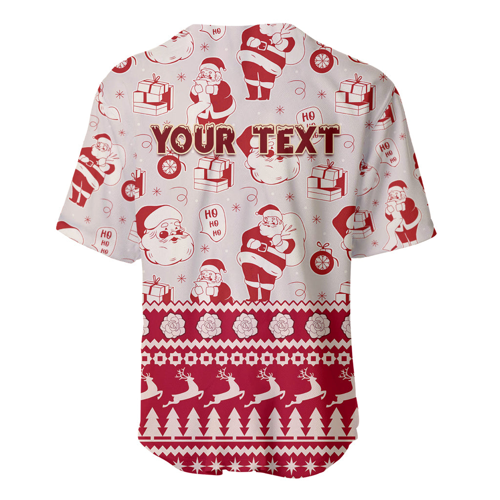Red-and-white baseball jersey with Santa holiday pattern and "YOUR TEXT" back graphic
