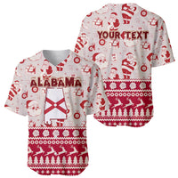 Red-and-white baseball jersey with Santa holiday pattern, Alabama front and "YOUR TEXT" back