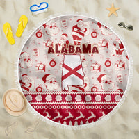 Round beach blanket, red/white with Alabama flag and Santa holiday print