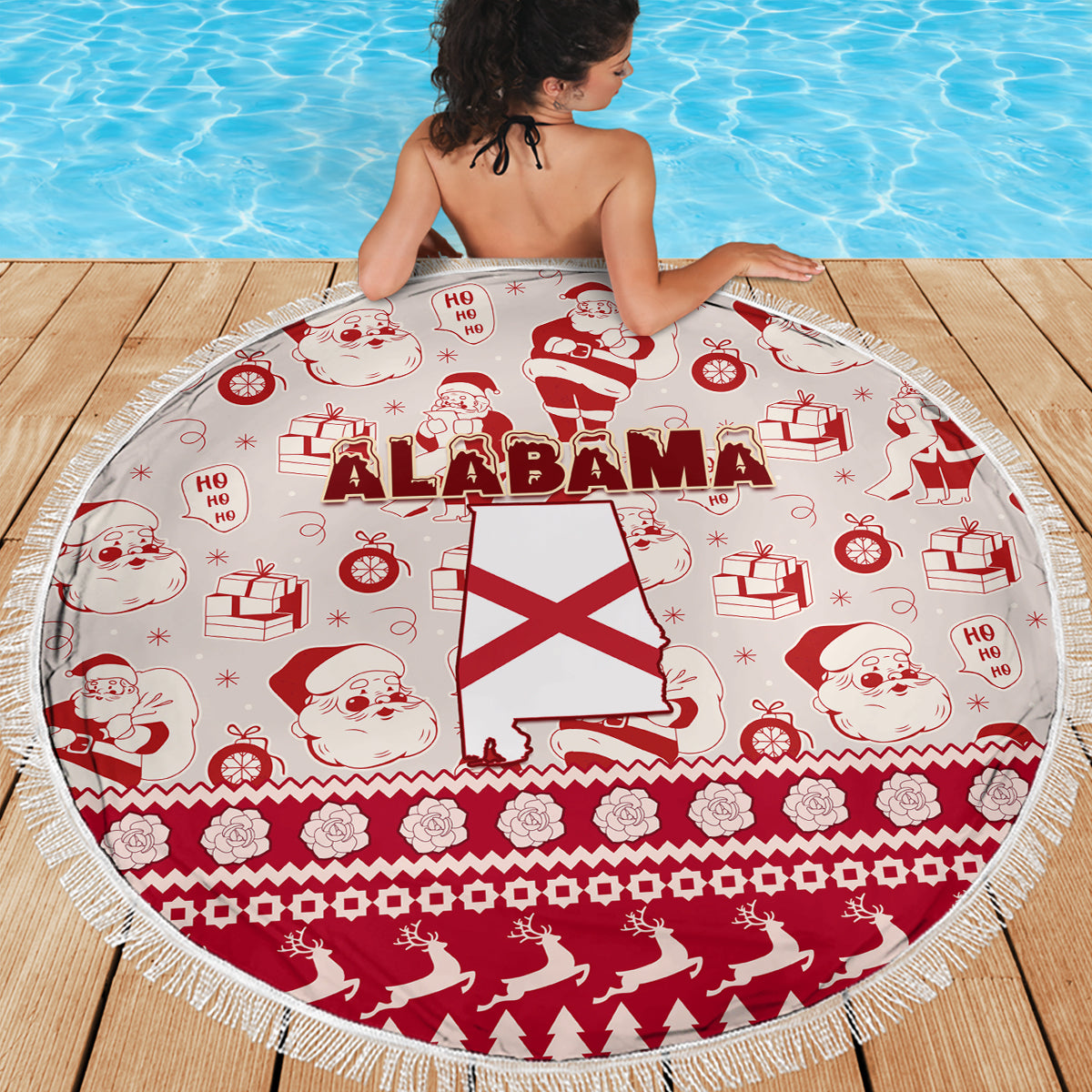 Round beach blanket red/white with Alabama flag, Santa faces, gifts, and fringe edge