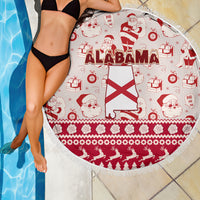 Round beach blanket red/white with Alabama flag and Santa-gift pattern, fringed edge