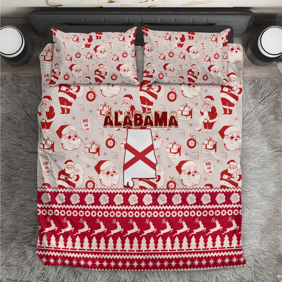 Red Alabama Christmas bedding set with Santa and flag pattern, duvet and matching pillows