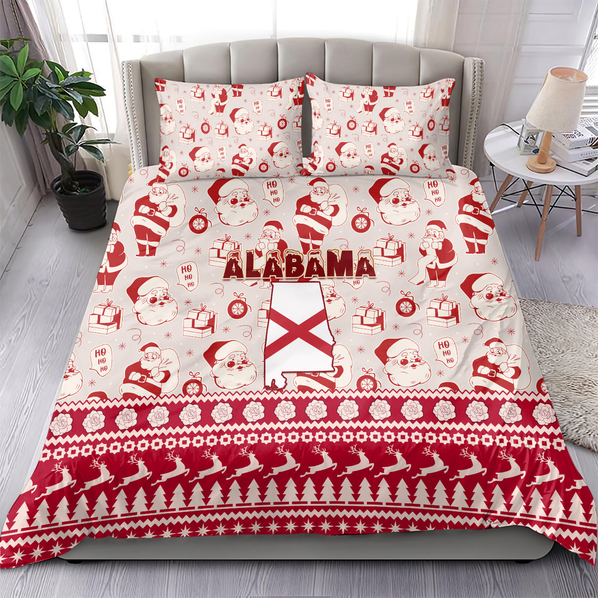 Red Alabama Christmas bedding set featuring Santa faces, gifts, and Alabama flag center, pillows