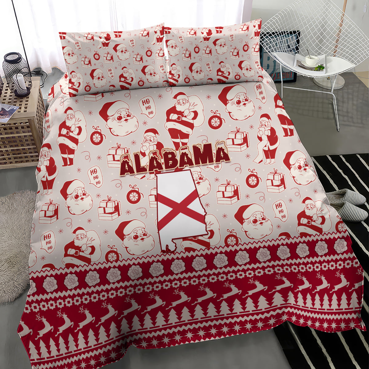 Red Alabama Christmas duvet bedding set with Santa print, ALABAMA text, flag and holiday border