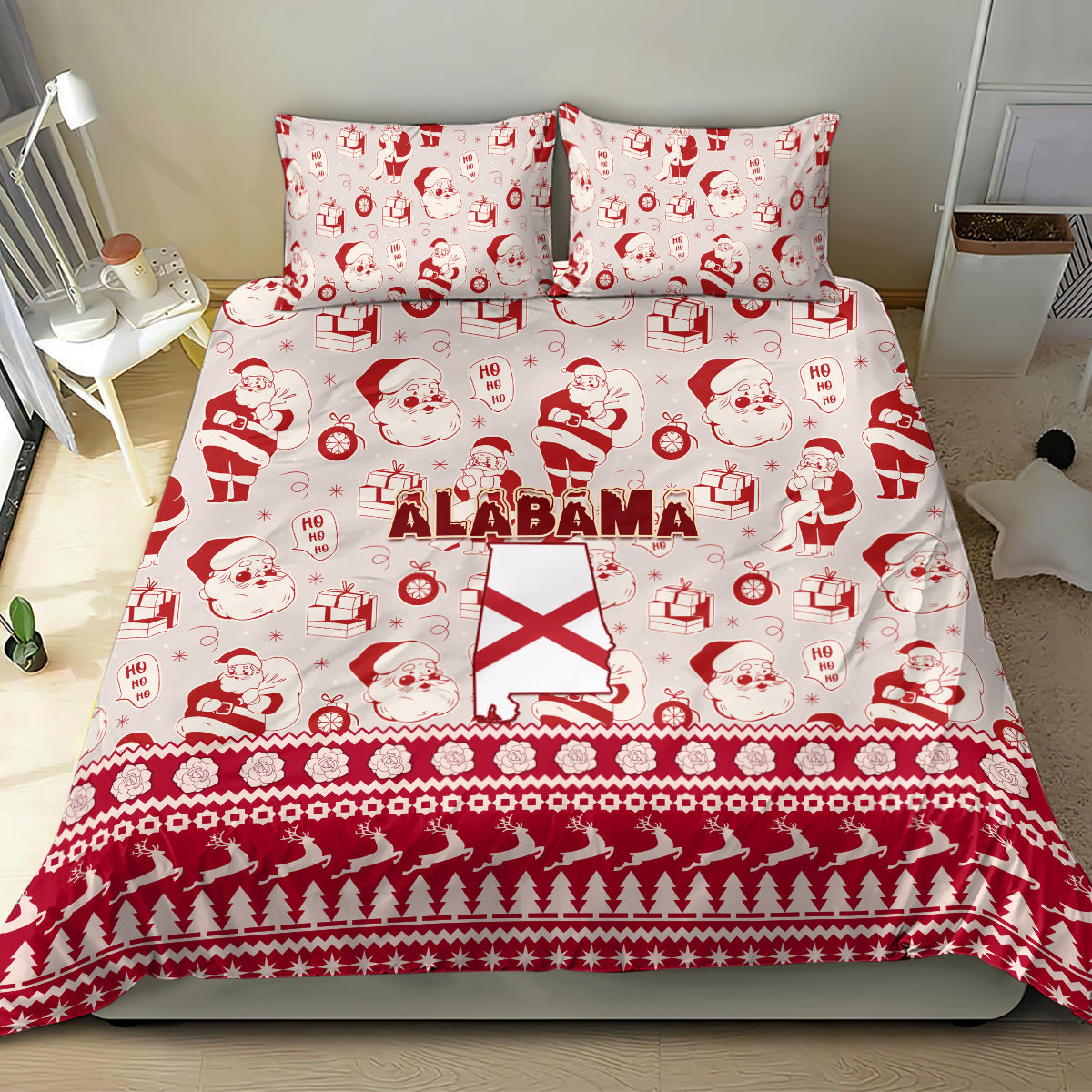Red Alabama Christmas bedding set with Santa, gifts, ALABAMA text, and flag quilt design