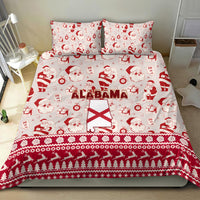 Red Alabama Christmas bedding set with Santa, gifts, ALABAMA text, and flag quilt design