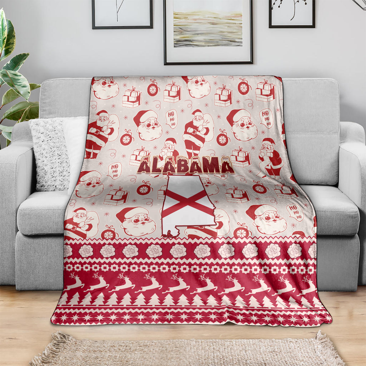 Alabama holiday throw blanket with Santa faces, trees, and patterned border in red/white