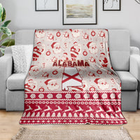 Alabama holiday throw blanket with Santa faces, trees, and patterned border in red/white