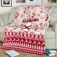 Alabama holiday blanket with Santa characters, trees, and geometric trim in red and white