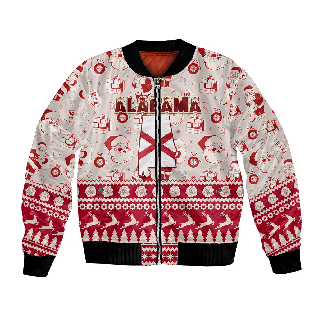 Unisex red and white bomber jacket with Santa, holiday icons, and ALABAMA lettering