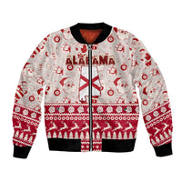 Unisex red and white bomber jacket with Santa, holiday icons, and ALABAMA lettering