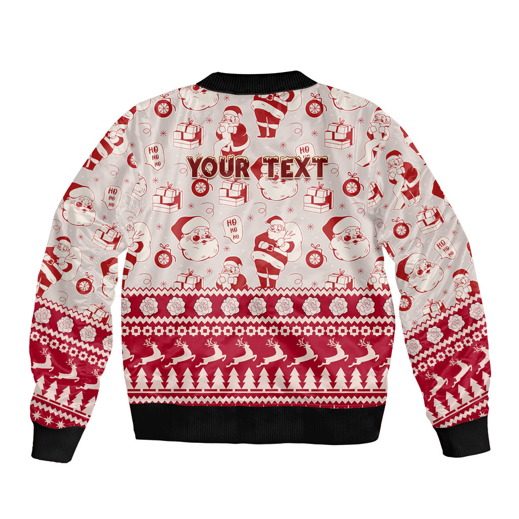 Unisex red and white bomber jacket with Santa and holiday icons, "YOUR TEXT" on front