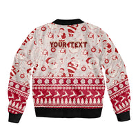 Unisex red and white bomber jacket with Santa and holiday icons, "YOUR TEXT" on front