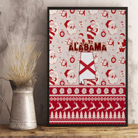 Black-framed red and white Alabama Christmas canvas wall art with Santa icons and X flag