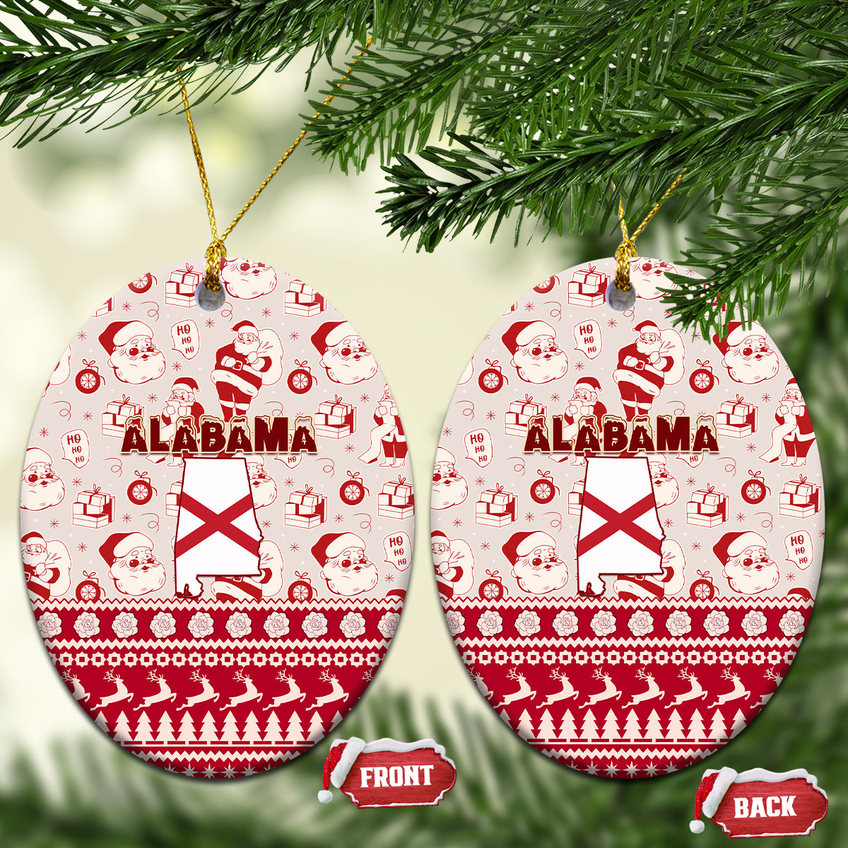 Set of two red ceramic Alabama Christmas ornaments, oval shapes with Santa pattern and gold cord.