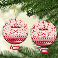Red ceramic Alabama Christmas ornament, round disc with Santa pattern and Alabama flag graphic.