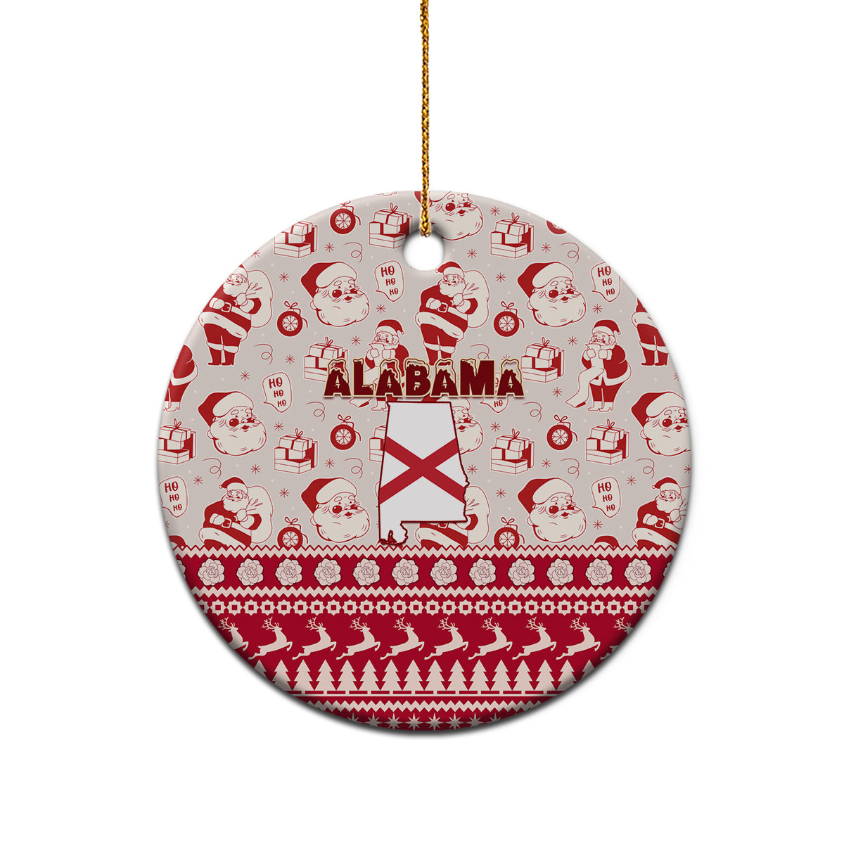 Red ceramic Alabama Christmas ornament, round disc with Santa pattern and gold hanging cord.