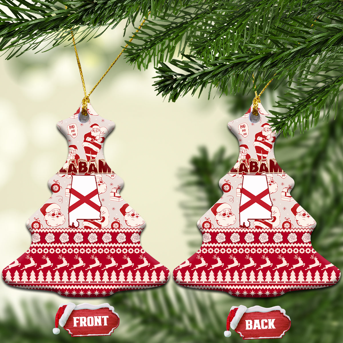 Set of two red ceramic Alabama Christmas ornaments, bell shapes with Santa pattern and flag.