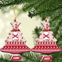 Set of two red ceramic Alabama Christmas ornaments, bell shapes with Santa pattern and flag.