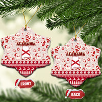 Set of two red ceramic Alabama Christmas ornaments, bell-like shapes with Santa pattern and flag.