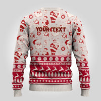 Off-white and red Christmas sweater back with YOUR TEXT, Santa faces, and festive tree pattern