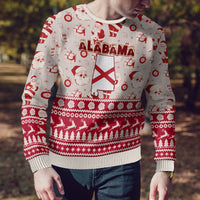 Off-white and red Alabama holiday sweater with Santa, trees, and centered flag X design