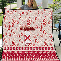 Alabama Christmas quilt, red and white with Santa icons, Alabama text, and patterned border