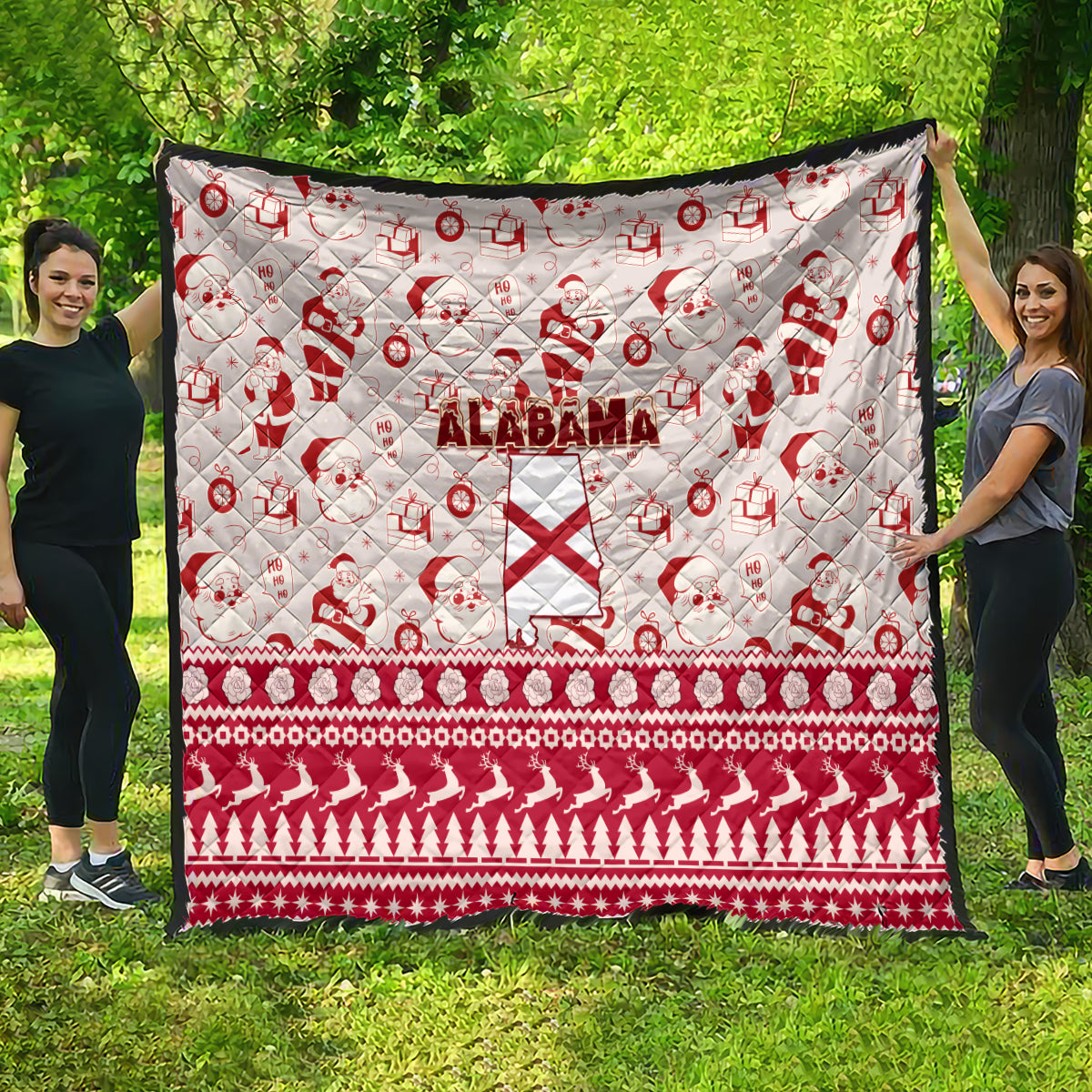 Red and white Alabama Christmas quilt with Santa faces, Alabama text, and flag-style center