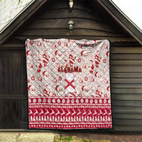 Alabama Christmas quilt hanging on a porch, red and white Santa pattern with Alabama text