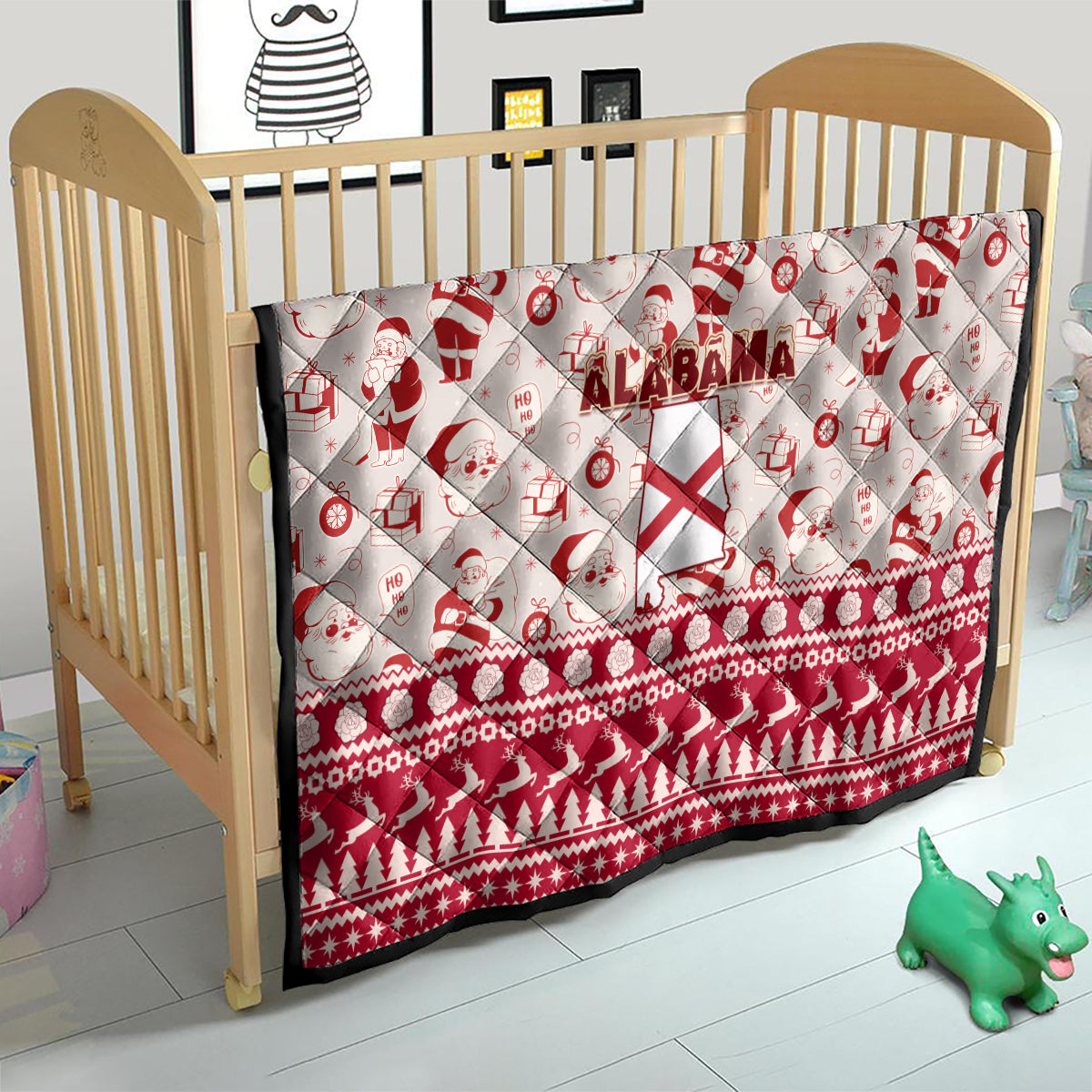 Alabama Christmas quilt for a child bed, red and white Santa print with Alabama text