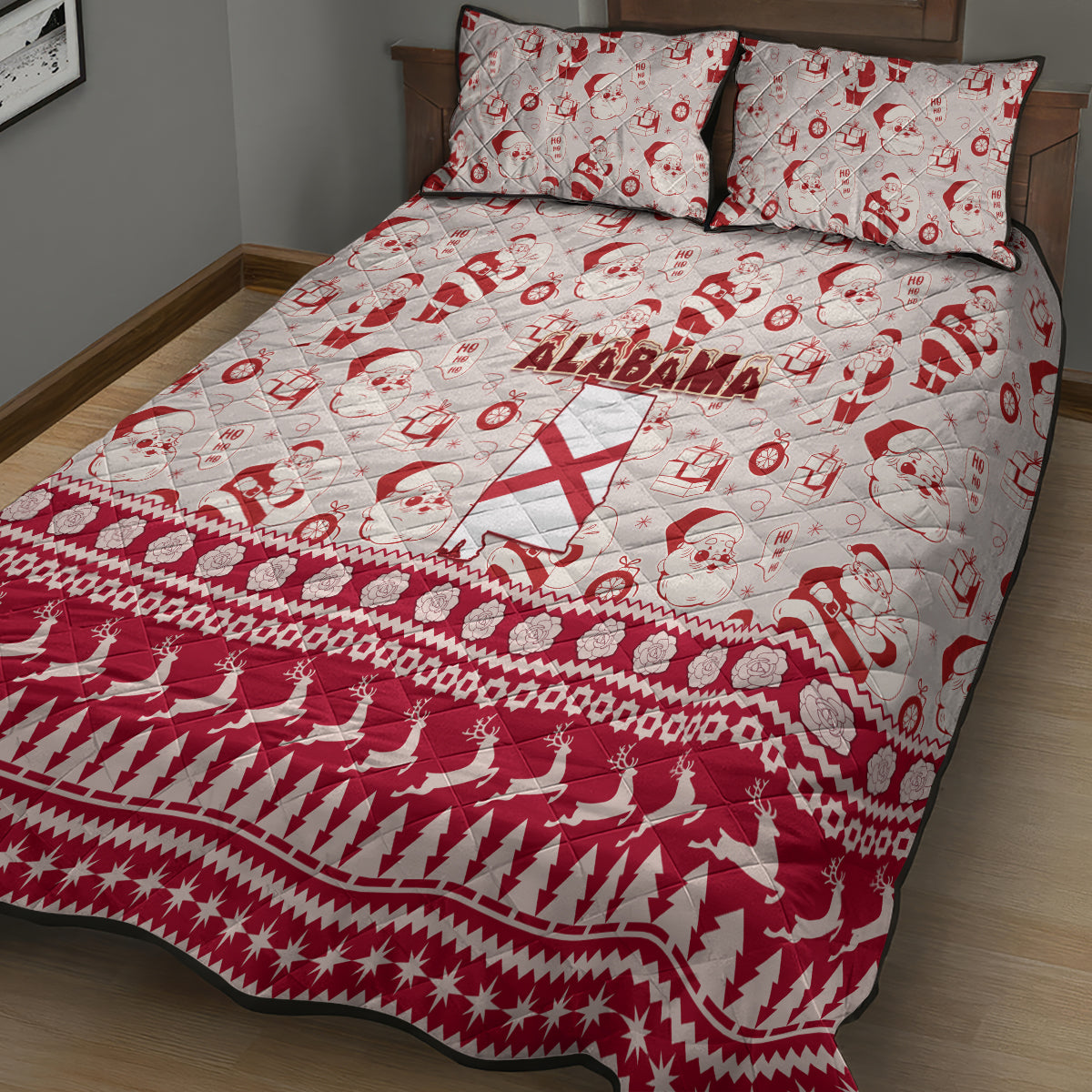 Red and white Alabama quilt bed set with Santa print, geometric border and pillows