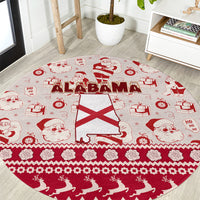 Round red Christmas carpet with ALABAMA logo, state flag, Santa and gifts pattern