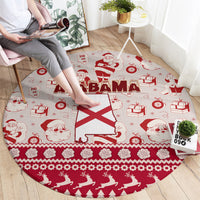 Round red Christmas carpet with ALABAMA text and Alabama flag amid Santa and gift icons
