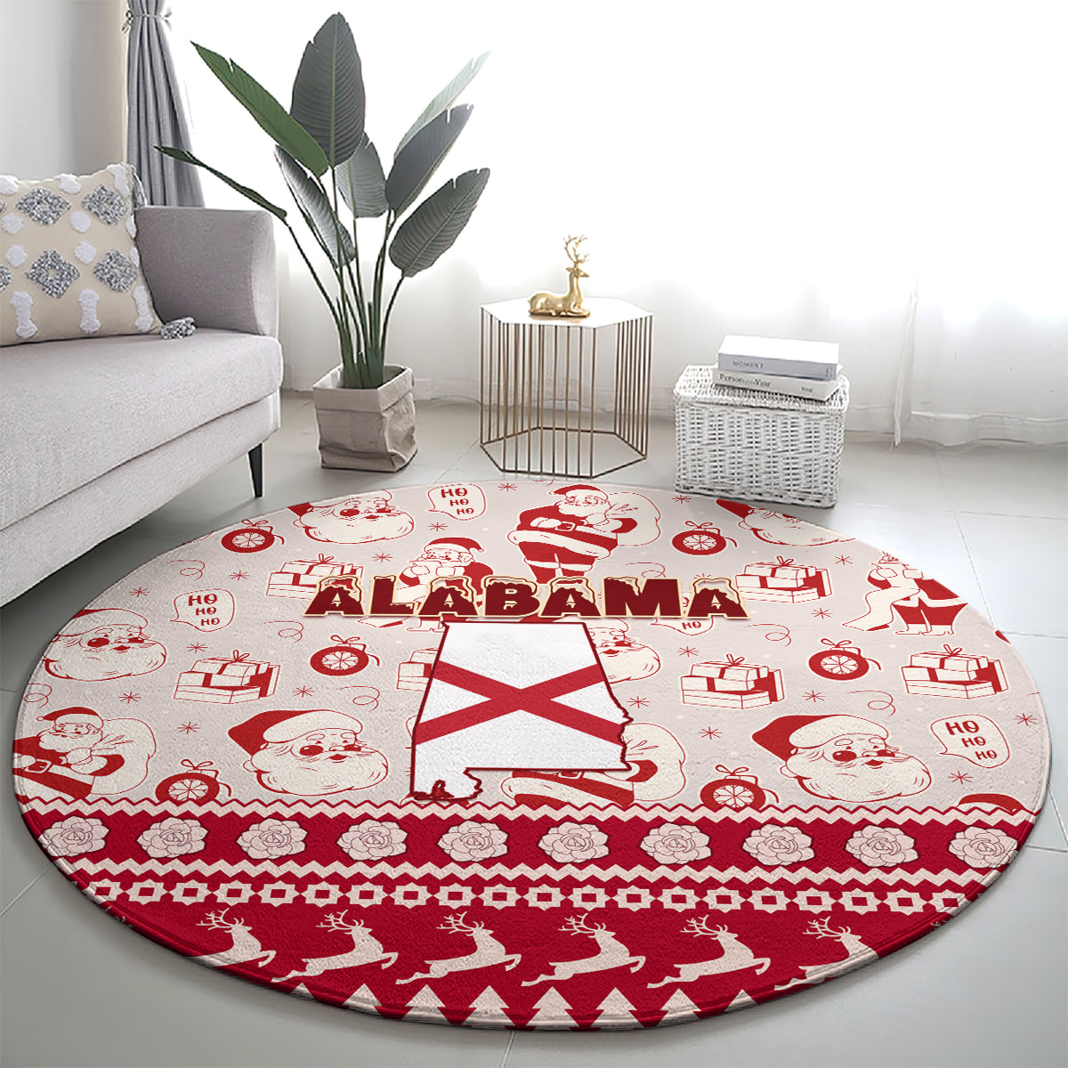 Round red Christmas carpet with ALABAMA text, flag centerpiece, Santa and gift pattern