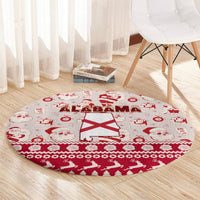 Round red Christmas carpet with ALABAMA text, flag emblem, Santa and present motifs