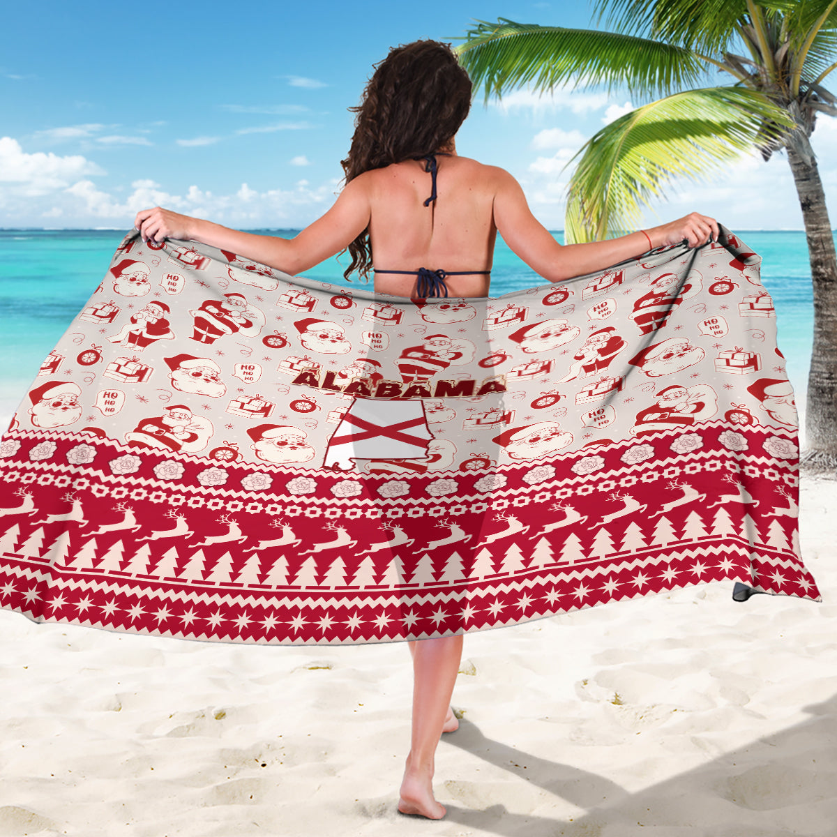 Draped red and white Christmas sarong with Alabama Santa Claus pattern