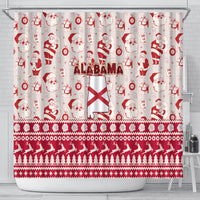 Red and white Christmas shower curtain with Santa, gifts, snowmen, Alabama flag, and pine border