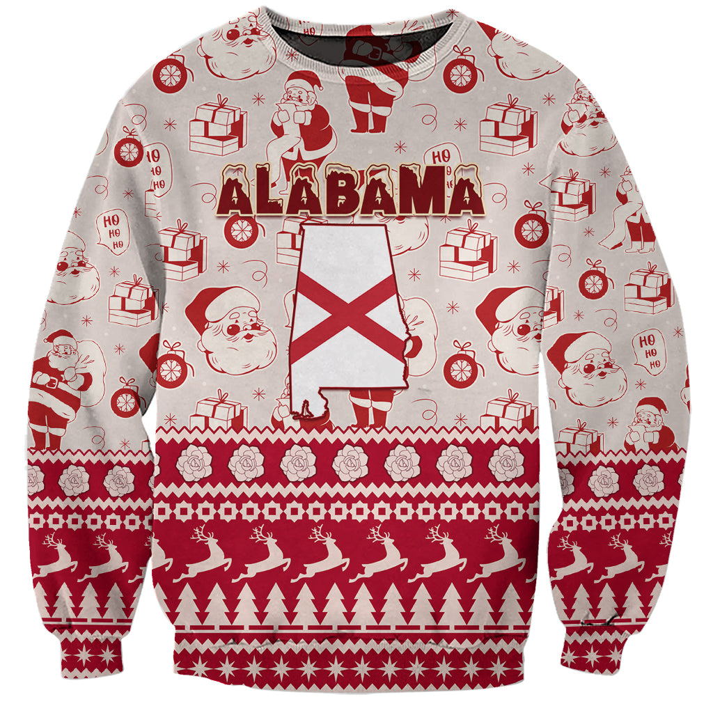 Unisex crewneck sweatshirt in light gray with red Alabama and Santa holiday pattern