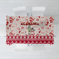 Red Christmas tablecloth with Santa, snowmen, and ornaments pattern
