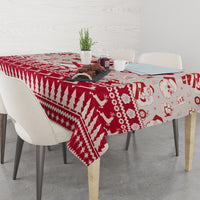 Red Christmas tablecloth with mixed icons and snowflake pattern