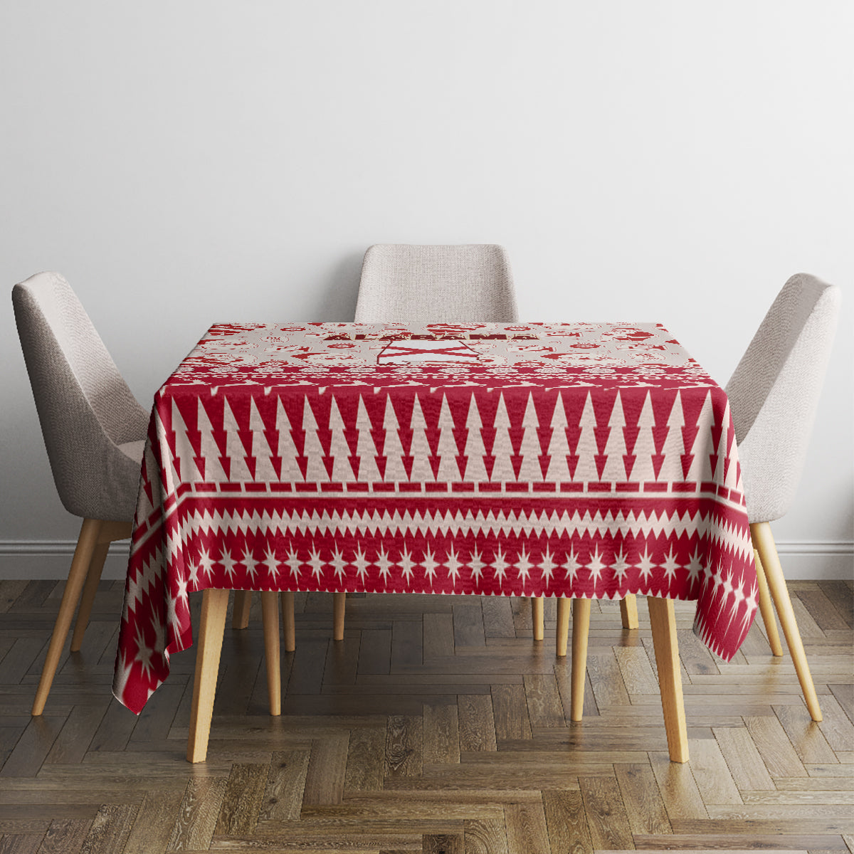 Red Christmas tablecloth with repeating triangle and star border
