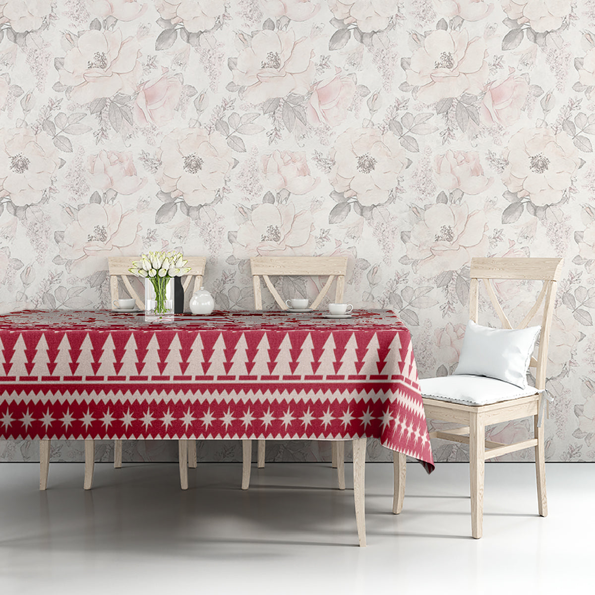 Red Christmas tablecloth with triangle and star band border