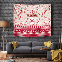 Red Christmas tapestry with Santa figures, ALABAMA text, and state flag outline